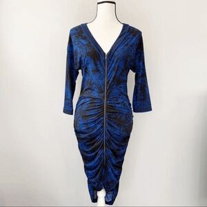 BCBG Maxazria Women's XXS Ruched Bodycon Dress Front Zip V-Neck Stretch Blue